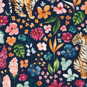 Tropical Jungle Tiger Floral on Navy Blue 24 inch