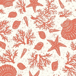 Boho Sea shells, coral and starfish at Ocean Beach in terra cotta earth tones, large scale