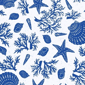 Boho Sea shells,  starfish  and coral at Ocean Beach in delft blue hues, large scale