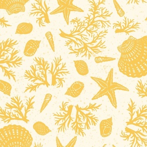 Boho Sea shells,  starfish  and coral at Ocean Beach in  golden yellow hues, large scale 