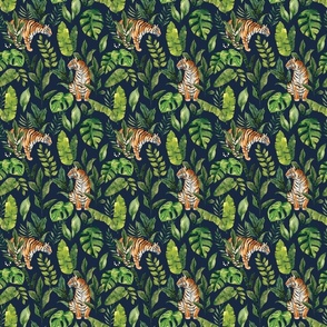 Tropical Jungle Tiger with Jungle Foliage on Navy Blue 6 inch