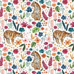 Tropical Jungle Tiger Floral on White 12 inch
