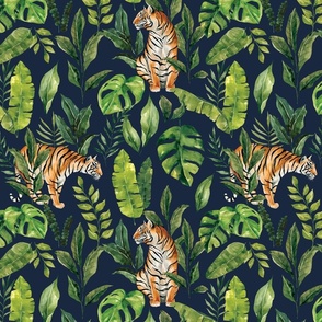 Tropical Jungle Tiger Foliage on Navy Blue 12 inch