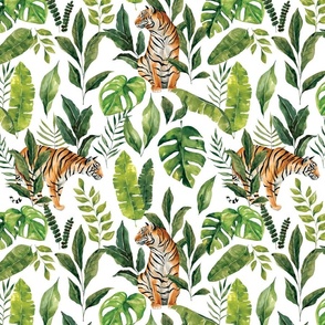 Tropical Jungle Tiger Foliage on White 12 inch