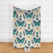 Folksy Butterfly Meets Bee // XL // teal butterfly, bee, yellow, pink, blue, green on cream