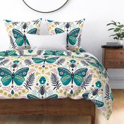 Folksy Butterfly Meets Bee // XL // teal butterfly, bee, yellow, pink, blue, green on cream