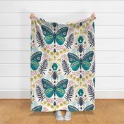 Folksy Butterfly Meets Bee // XXL // teal butterfly, bee, yellow, pink, blue, green on cream