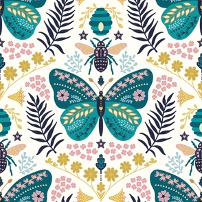 Folksy Butterfly Meets Bee // XXL // teal butterfly, bee, yellow, pink, blue, green on cream