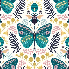 Folksy Butterfly Meets Bee // XXXL // teal butterfly, bee, yellow, pink, blue, green on cream