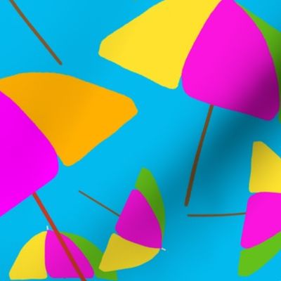 Colorful and Beautiful Beach Umbrellas on Blue Background, hex code 02b9ed / Larger Scale / Beach Pattern