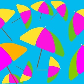 Colorful and Beautiful Beach Umbrellas on Blue Background, hex code 02b9ed / Larger Scale / Beach Pattern