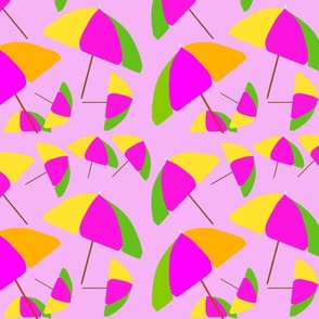 Beach Umbrellas in Yellow, Hot Pink, Green, and Orange  on Pink Background / Medium Scale Fabric / Large Scale Wallpaper / Beach Paattern