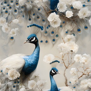 Elegant Blue and White Peacocks Chinoiserie XL ecru beige cream grey blue bird