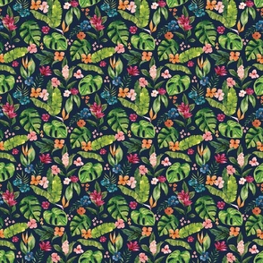 Tropical Jungle Foliage Floral on Navy Blue 6 inch