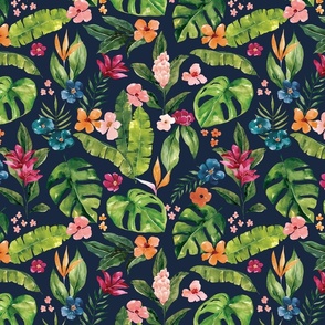 Tropical Jungle Foliage Floral on Navy Blue 12 inch