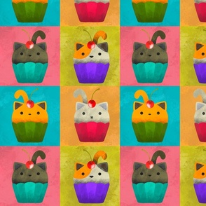 Cupcake Cats Unique Pop Art Aesthetic Kitty Cakes Pattern With Cherries On Multi-Colored Background