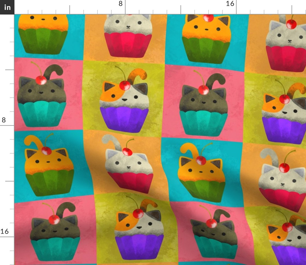 Cupcake Cats Unique Pop Art Aesthetic Kitty Cakes Pattern With Cherries On Multi-Colored Background