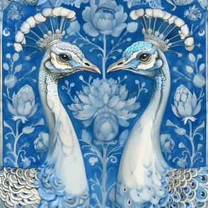 Delftware Blue & White Peacocks - Chinoiserie Bird Tile XL