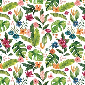 Tropical Jungle Foliage Floral on White 12 inch