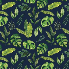 Tropical Jungle Foliage on Navy Blue 12 inch