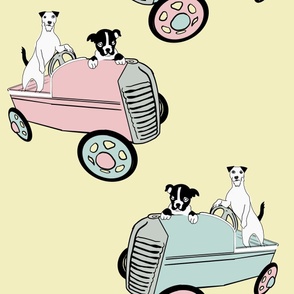 (L) Vintage Kids Toy Go-Kart with Two Adorable Dog in Gender Neural Pastels