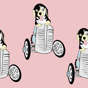 (J) Whimsical Beagle Dog Joyriding in Vintage Car Design, Pastel Tones with Pastel Pink Background
