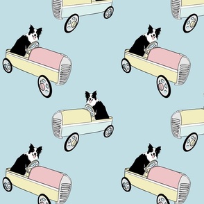(M) Border Collie Dog Driving Vintage Kids Go Kart in Soft Pastels on Pastel Blue