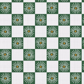 LARGE:Textured White Daisy florals on green white Checkered checks