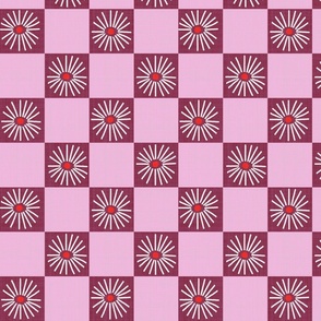 LARGE:Textured White Daisy florals on dark pink maroon Checkered checks