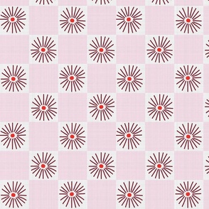 LARGE:Textured Maroon Daisy florals on white pink Checkered checks