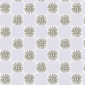 LARGE:Textured dark brown Daisy florals on white grey Checkered checks