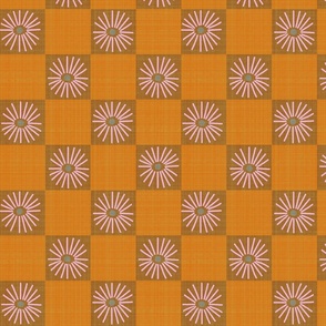 LARGE:Textured Pink Daisy florals on Khaki ochre Checkered checks