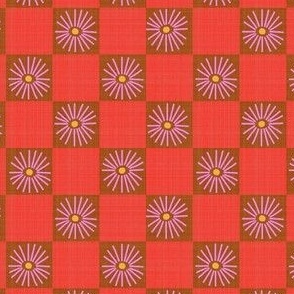 SMALL:Textured Pink Daisy florals on red brown Checkered checks