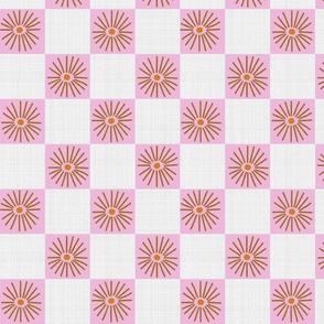 LARGE:Textured Brown Daisy florals on white pink Checkered checks