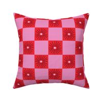 LARGE:Textured Maroon Daisy florals on red pink Checkered checks