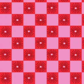 LARGE:Textured Maroon Daisy florals on red pink Checkered checks