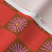 MEDIUM:Textured Pink Daisy florals on red brown Checkered checks