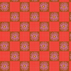 LARGE: Textured Pink Daisy florals on red brown Checkered checks
