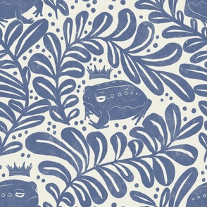 (XL) Folk Art Frog Prince and Fern Leaves Block Print - Blue Nova