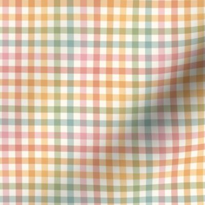 Tiny scale / Pastel rainbow plaid on cream / Cute micro mini small gingham stripes in soft pale powder baby pink blue green yellow orange red and warm light ivory beige off white / 70s vichy caro grid lines fun picnic checks blender