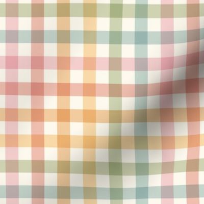 Small scale / Pastel rainbow plaid on cream / Cute gingham stripes in soft pale powder baby pink blue green yellow orange red and warm light ivory beige off white / 70s vichy caro grid lines fun picnic checks blender