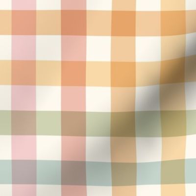 Medium scale / Pastel rainbow plaid on cream / Cute gingham stripes in soft pale powder baby pink blue green yellow orange red and warm light ivory beige off white / 70s vichy caro grid lines fun picnic checks blender