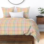 Medium scale / Pastel rainbow plaid on cream / Cute gingham stripes in soft pale powder baby pink blue green yellow orange red and warm light ivory beige off white / 70s vichy caro grid lines fun picnic checks blender