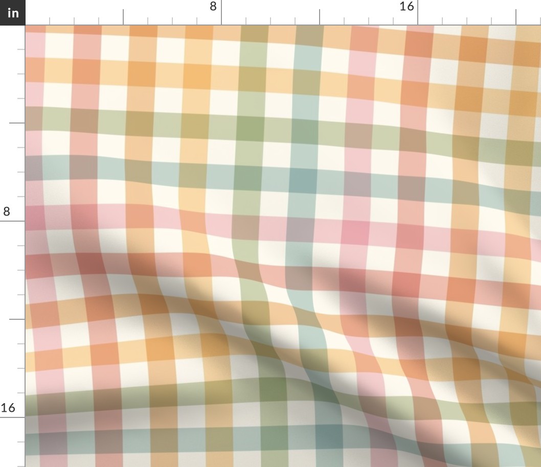 Medium scale / Pastel rainbow plaid on cream / Cute gingham stripes in soft pale powder baby pink blue green yellow orange red and warm light ivory beige off white / 70s vichy caro grid lines fun picnic checks blender