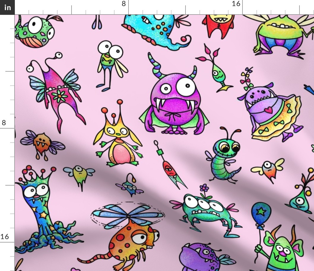 Cute Pink Aliens and Monsters for kids decor fabrics