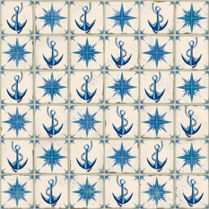 Delft Blue Nautical Stars and Anchors Imperfect 4” Tile