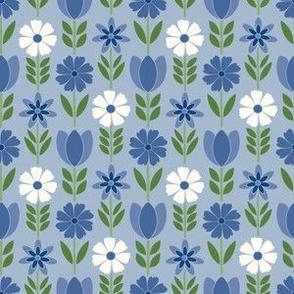 Small Scale Blue Mixed Scandinavian style Floral on sky blue