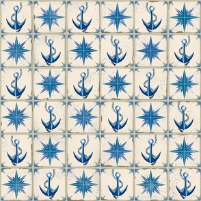 Delft Blue Nautical Stars and Anchors Imperfect Tile