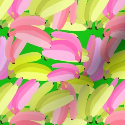 Yellow and Pink Bananas on Green Background