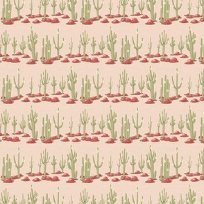 Rows of blooming saguaro cacti and red stones on sand linen texture | tiny